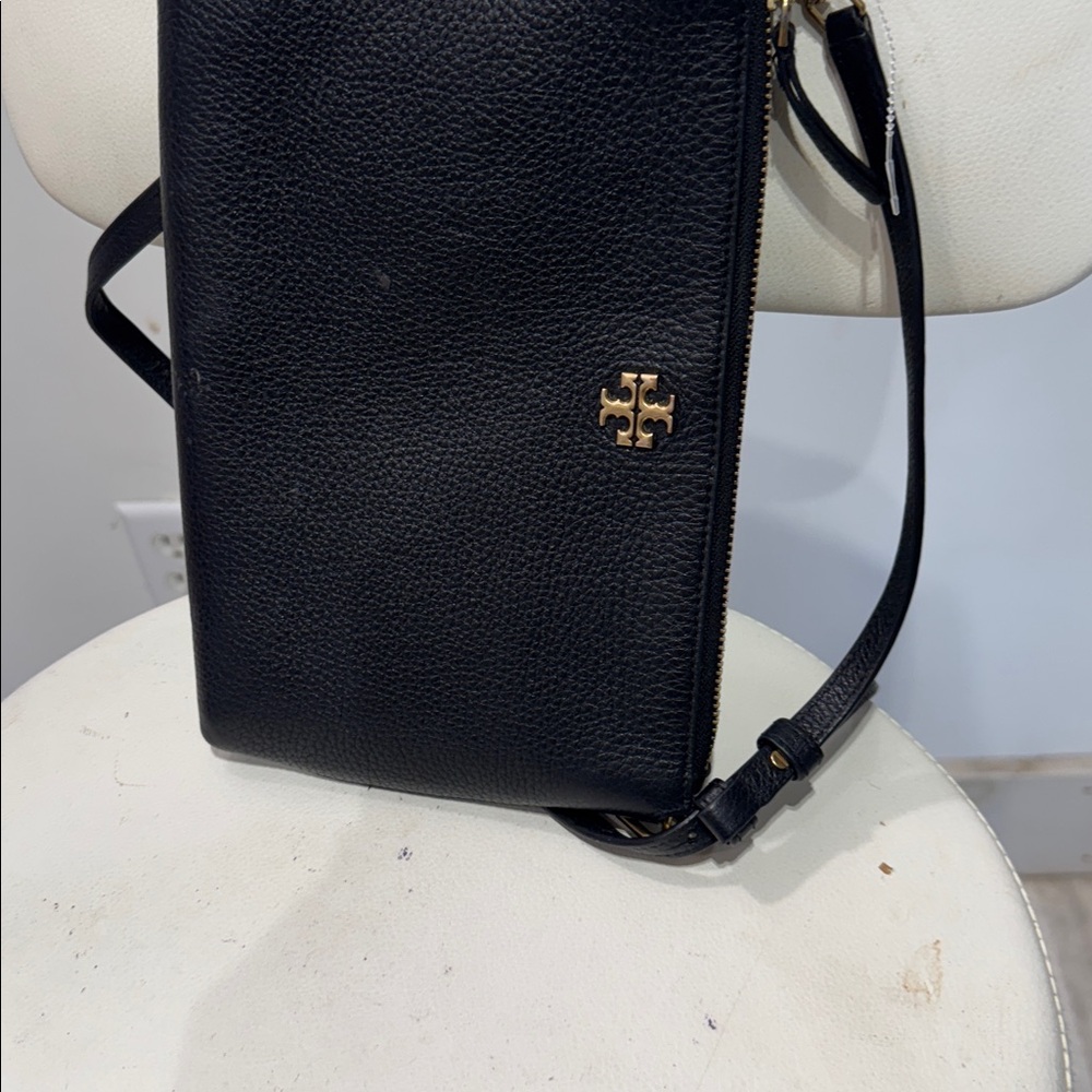 Tory Burch Black Pebbled Leather Crossbody with Gold Logo